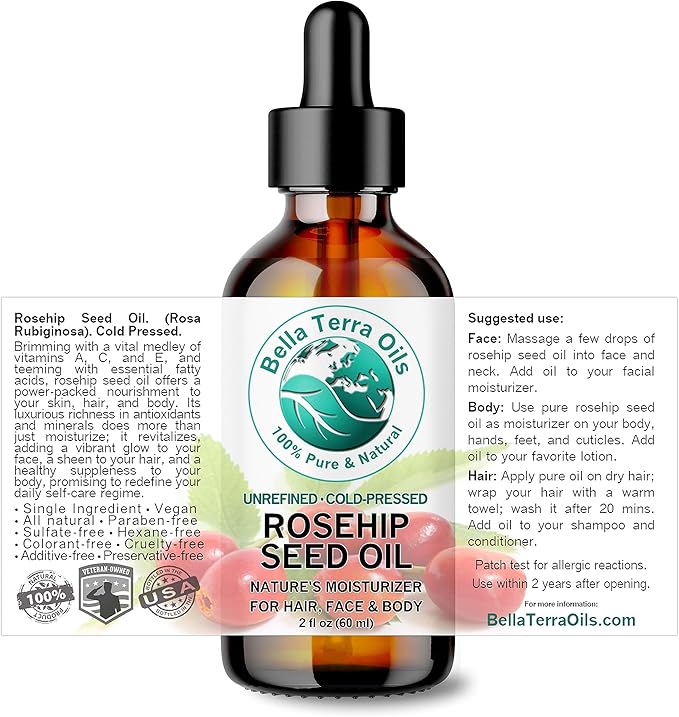 Bella Terra Oils - Organic Rosehip Seed Oil 2 oz - Cold-Pressed Elixir, Rich in Vitamin A, C, & E, Linoleic & Alpha-Linolenic Acid, Perfect Facial Emollient-Velvo Beauty