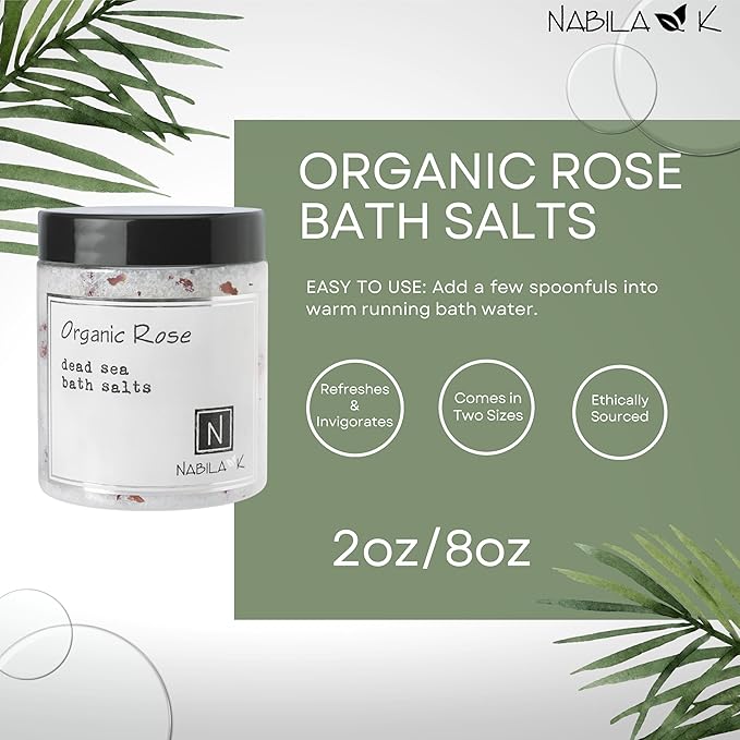 Organic Rose Bath Salts by Nabila K - Dead Sea Salt & Epsom Salt Scrub & Soak - Exfoliates & Hydrates Skin, Botanical Essential Oils - Bubble Bath Accessories for All Skins Types, 8 oz-Velvo Beauty