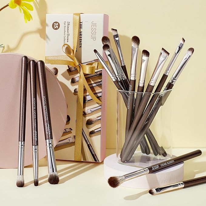 Jessup Eye Makeup Brushes Set Professional 15pcs Brown Eyeshadow Brush Eyebrow Concealer Eyeliner Blending Brush for Makeup Premium Synthetic Eye Brush Set, T499-Velvo Beauty