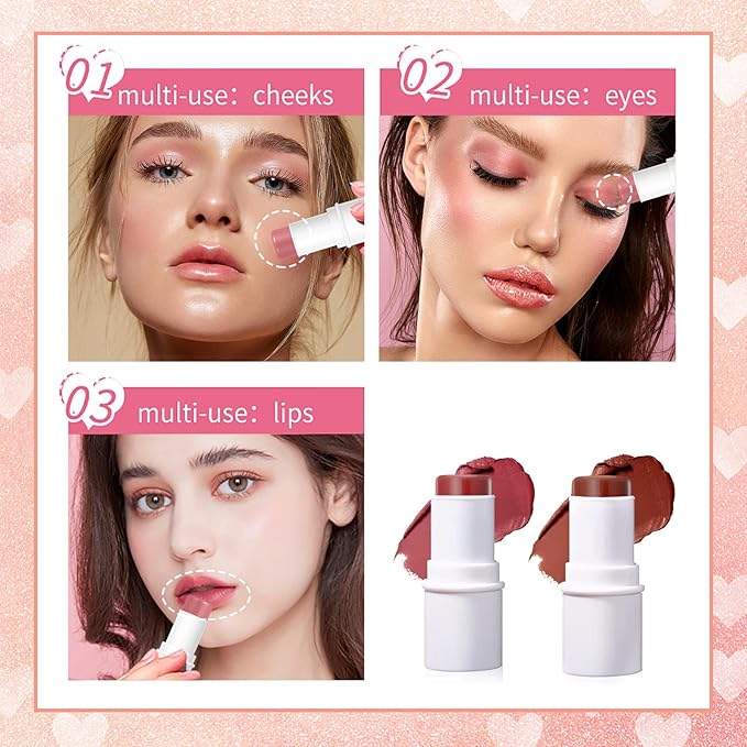 Blush Stick, Matte Cream Blush Stick for Cheeks, Eyes and Lips Natural Blush Makeup Waterproof Long Lasting(07 Rose Blush Stick)-Velvo Beauty