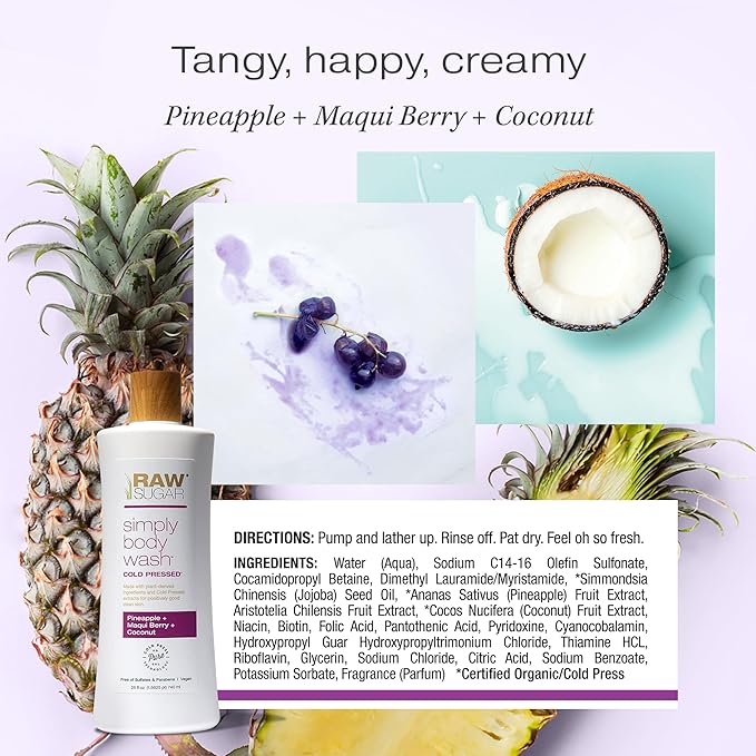 RAW SUGAR Simply Body Wash, (25 Fl Oz, Pack of 1) Bath Soap, Formulated without Sulfates & Parabens (Pineapple + Maqui Berry + Coconut)-Velvo Beauty