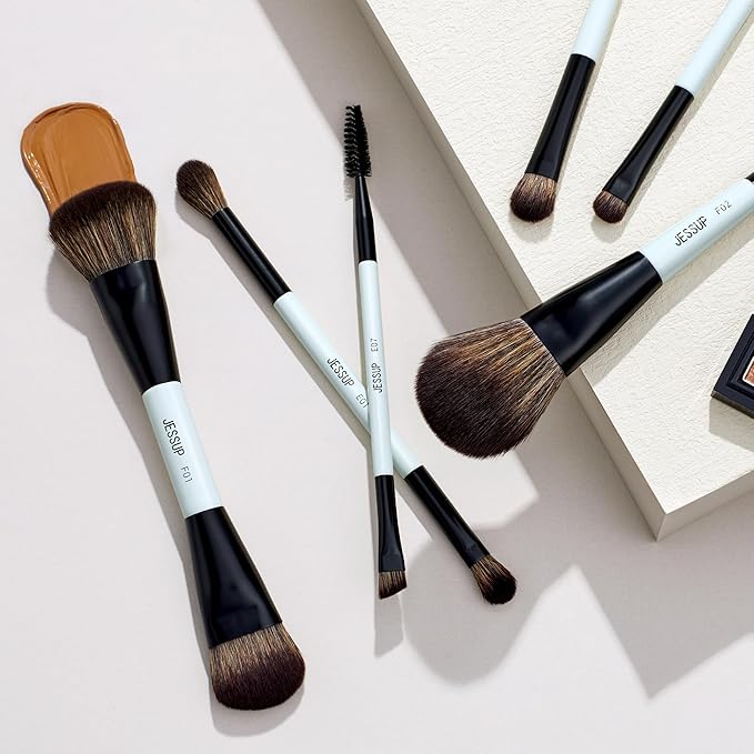 Jessup Makeup Brush Set 6pcs Double Sided Makeup Brushes Foundation Contour Blush Highlight Blending Eyebrow Brush Eyeshadow Brush, Vegan Fiber Make up Brush Bright Cyan T501-Velvo Beauty