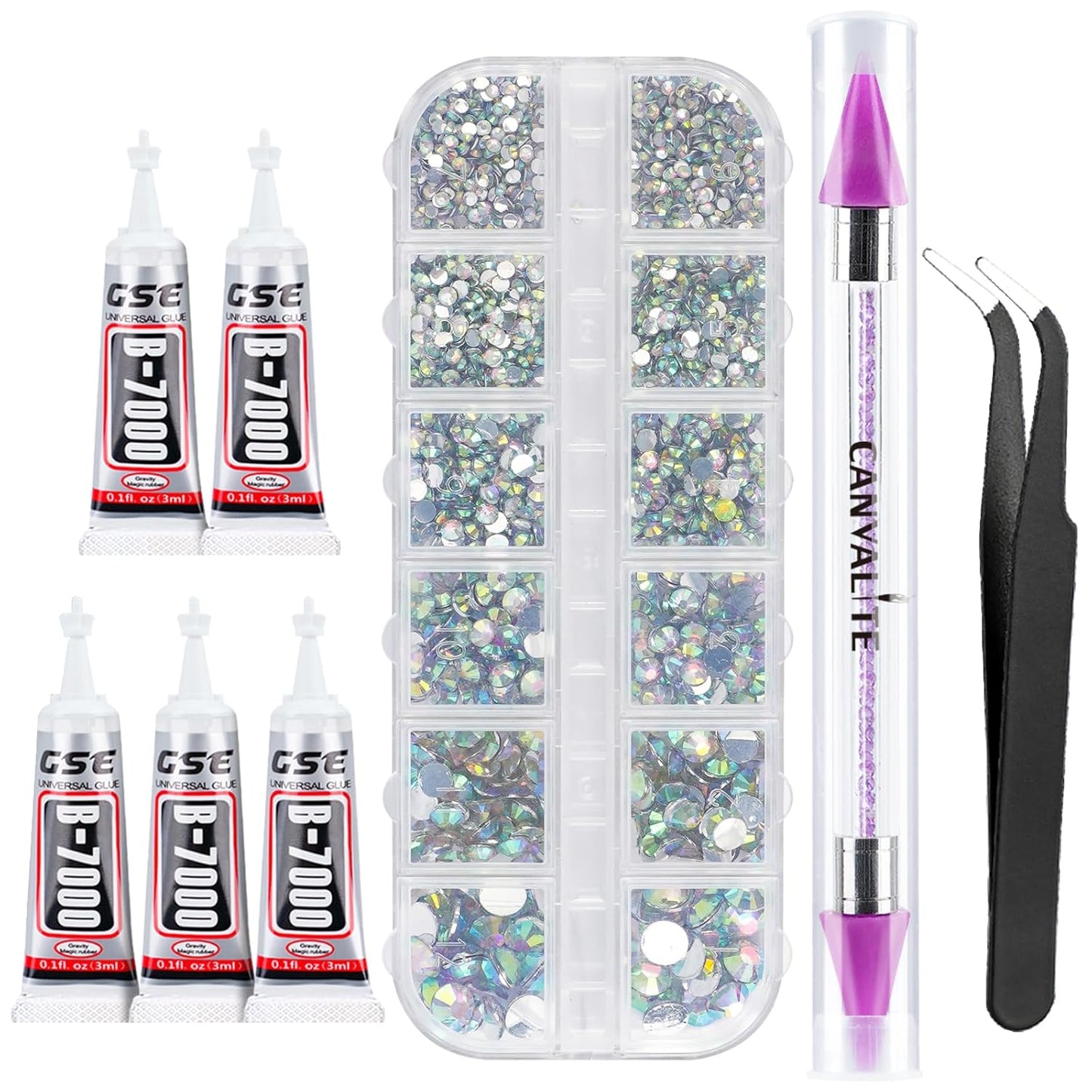 Canvalite 2784Pcs Flat Back Gems, Rhinestones with 5Pcs Jewelry Glues, Pick Up Tweezers and Rhinestones Picker Dotting Pen, Nail Art Tools for Nails, Clothes, Face, Craft-Velvo Beauty