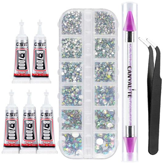 Canvalite 2784Pcs Flat Back Gems, Rhinestones with 5Pcs Jewelry Glues, Pick Up Tweezers and Rhinestones Picker Dotting Pen, Nail Art Tools for Nails, Clothes, Face, Craft-Velvo Beauty