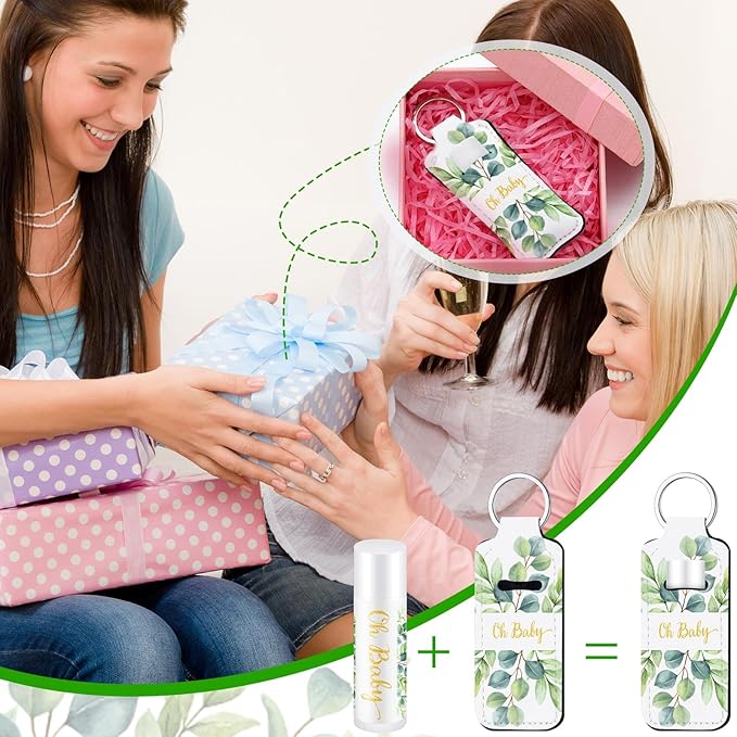 18 Sets Baby Shower Bridal Shower Favors for Guests Bulk Lip Balm and Lipstick Holder Keychains Set Baby Shower Bridal Shower Goodies Bags Thank You Gifts for Guests(Eucalyptus Baby)-Velvo Beauty