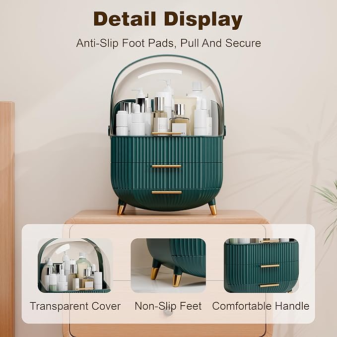 Makeup Organizers and Storage Make up Organizer for Vanity Cosmetics Skincare With Lid and Drawers Display Cases for Countertop Bathroom Women Teenager Girl Gifts(Dark Green+Brush Holder)-Velvo Beauty