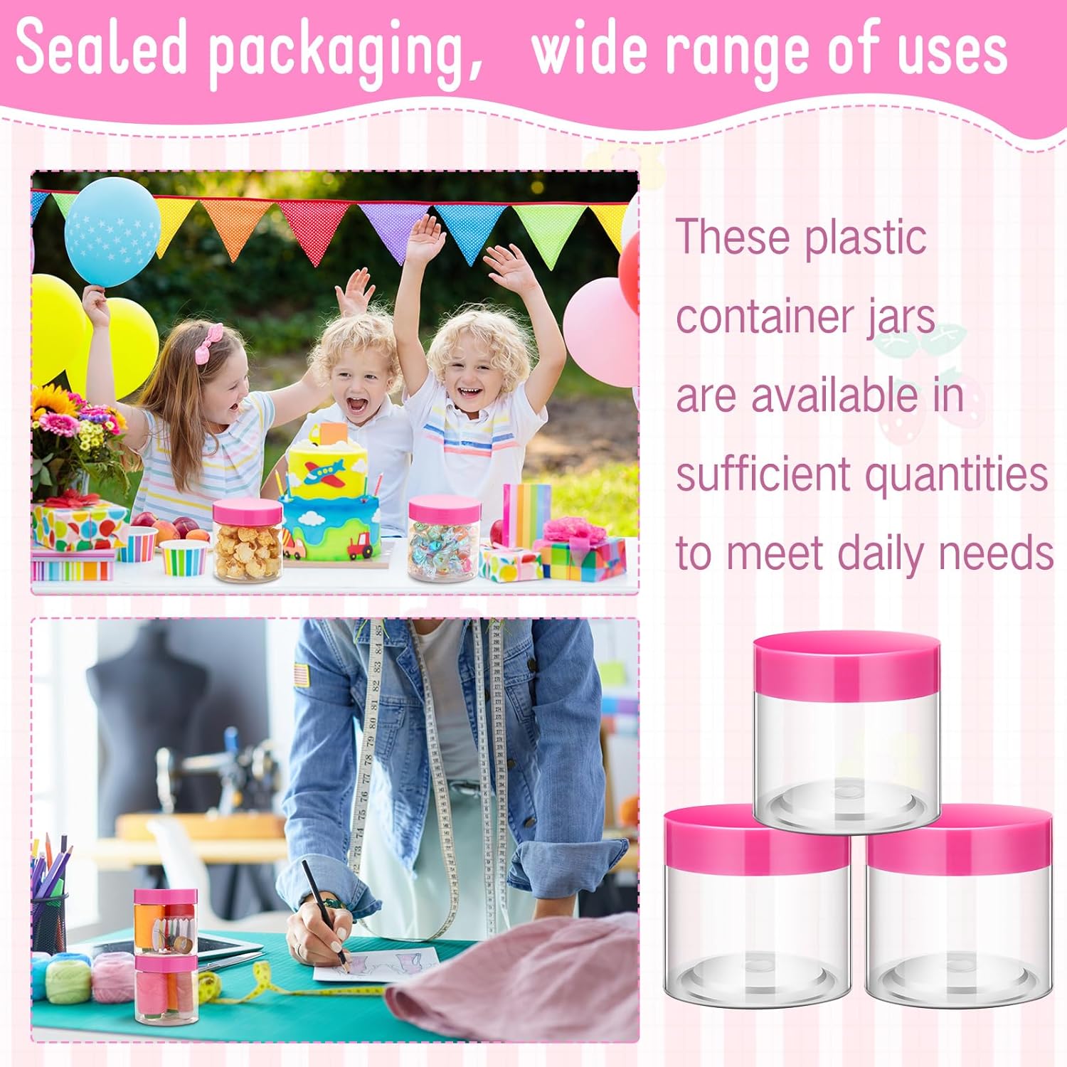 SATINIOR 100 Pcs Plastic Jars with Lids Small Containers Lids Wide Mouth Small Plastic Containers for Lotion Cream Rhinestones Body Butters Travel Storage(8 oz, Pink)-Velvo Beauty