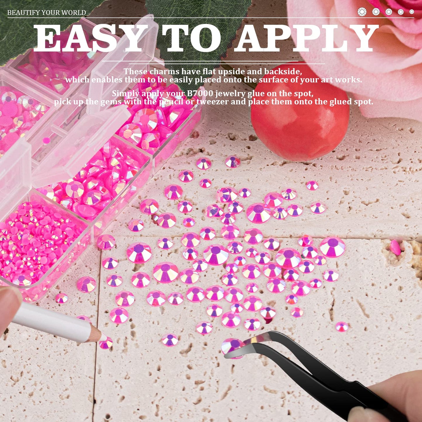 Resin Rhinestones Crafting, 2/3/4/5/6mm Flatback Jelly Rhinestones, 2 Boxes Hot Pink AB Non Hotfix Crystal Gems for Bedazzling Crafts Mugs Tumblers Clothes Makeup Nail-Velvo Beauty