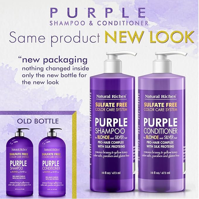 Natural Riches Purple Shampoo and Conditioner Set Sulfate Free Salon Grade for Silver Blonde Platinum Hair. Removes Yellow & Brass tones. Grey Highlighted Hair 16x2 fl oz-Velvo Beauty
