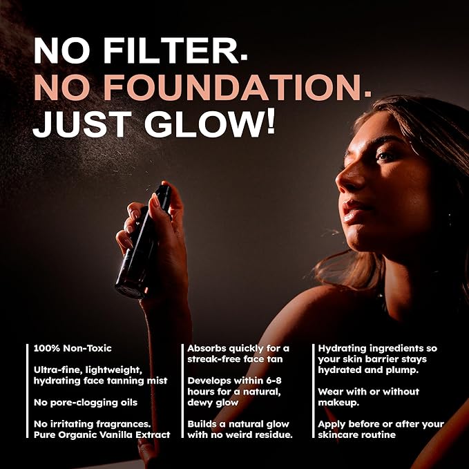 Face Tanning Mist, Organic Ingredients, Sunless Self Tanner, Bronzing, Hydrating, Steak-Free, Long Lasting Glow-Velvo Beauty