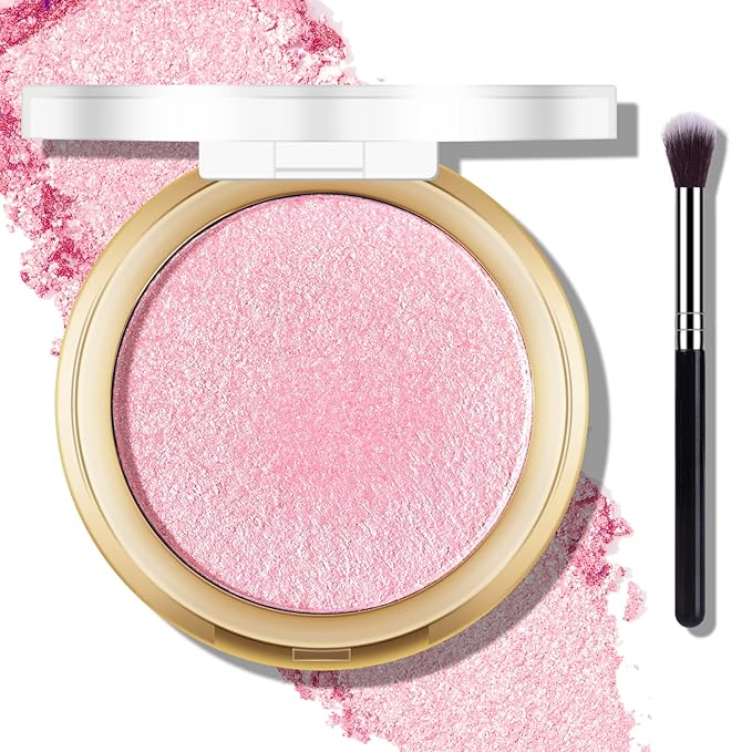 Baked Pink Highlighter Powder Palette, Makeup Highlighter Powder Palette Sheer Shimmering Finish Face Highlighters Makeup Iluminadores de Maquillaje #02 Mermaid Pink-Velvo Beauty