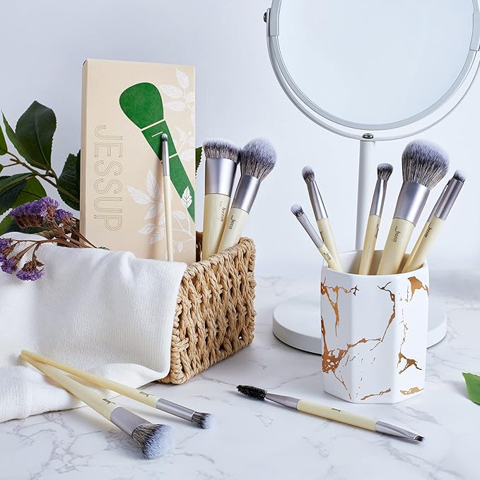 Jessup Vegan Makeup Brushes Set Premium Synthetic Powder Foundation Highlight Concealer Eyeshadow Blending Eyebrow Liner Spoolie Brush Set Burlywood 12pcs T327-Velvo Beauty