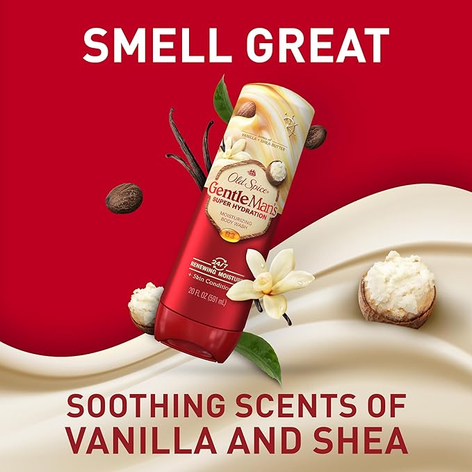 Old Spice Body Wash GentleMan’s Super Hydration for Men, 24/7 Renewing Moisture, Gentle on Skin with Skin Conditioners, Vanilla + Shea Butter Scent, 20 oz-Velvo Beauty