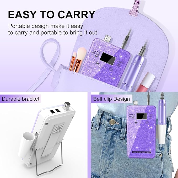 Professional Electric Nail Drill File:COSYGLOW Glitter Portable Cordless E-File Nail Drill Kit with 11 Drill Bits,30000 RPM Rechargeable Nail Drills Machine for Acrylic Nails Gel Polishing(Purple)-Velvo Beauty