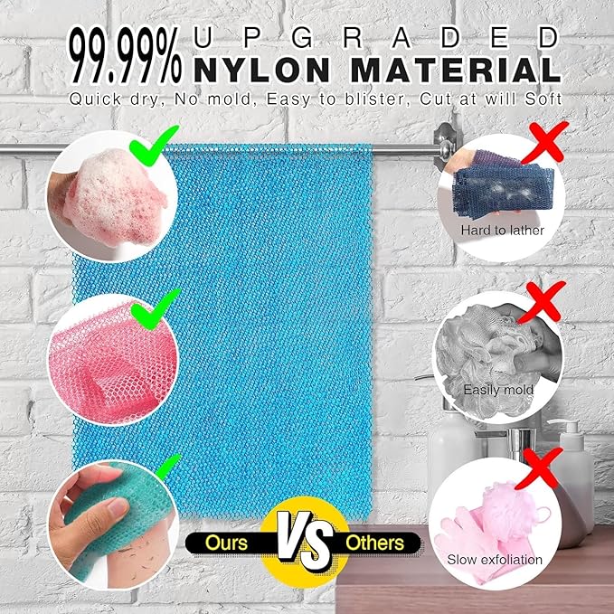 UJFQBH 3 Pieces African exfoliating net African Net Long Net Bath Sponge Exfoliating Shower Body Scrubber Back Scrubber Skin Smoother,Great for Daily Use (Pink, Blue, Green)-Velvo Beauty