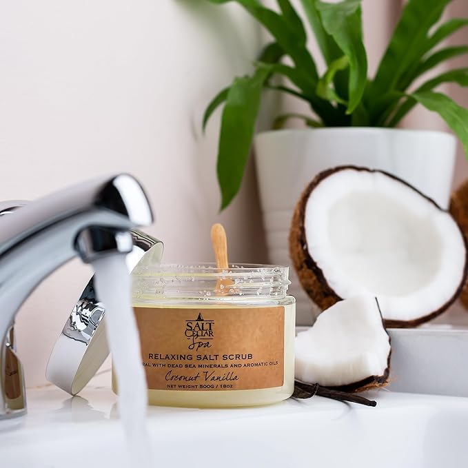 Salt Cellar Spa All-Natural Dead Sea Salt Scrub - Refresh with Coconut Vanilla - Energize, Revive, and Rejuvenate your Skin - Made in Israel, Cruelty-Free, 18 oz.-Velvo Beauty