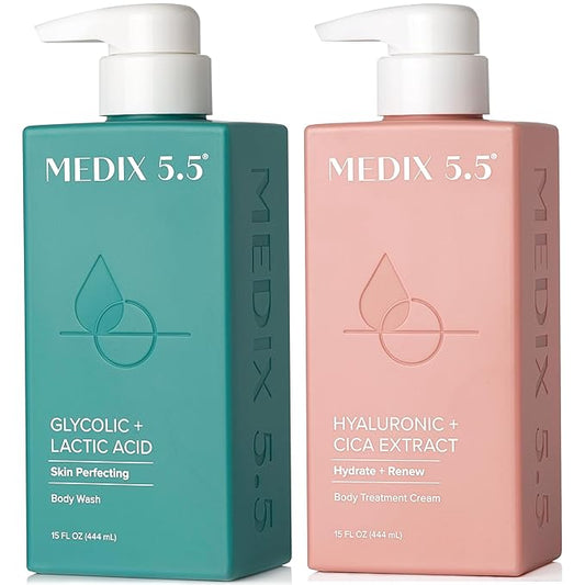 Medix 5.5 Exfoliating AHA Glycolic Acid Face & Body Scrub Cleanser + Hyaluronic Acid Moisturizing Body Cream Lotion Skin Care 2PC Set | Alpha Hydroxy Acid & Lactic Acid Foaming Body Wash & Face Wash-Velvo Beauty