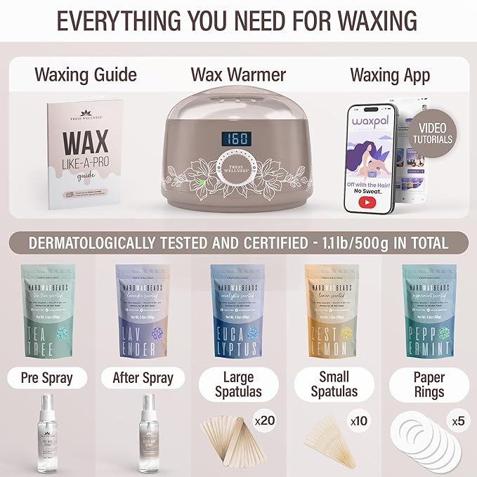 Tress Wellness Waxing Kit for Sensitive Skin – Safe for Face & Skin, Prep & Aftercare Spray, Easy to Use – At-Home Kit for Face, Bikini, Brazilian & Full Body - Digital Display, Dusty Chocolate-Velvo Beauty
