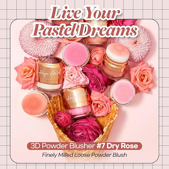 Hope Girl 3D Powder Blusher 0.17oz | Skin-Loving Korean Mini Blush for Cheeks and Eye Makeup w/Allantoin | K Beauty Cool Toned Vibrant Sunkissed Fine Powder Makeup Blush Cosmetics (#07 Dry Rose)-Velvo Beauty