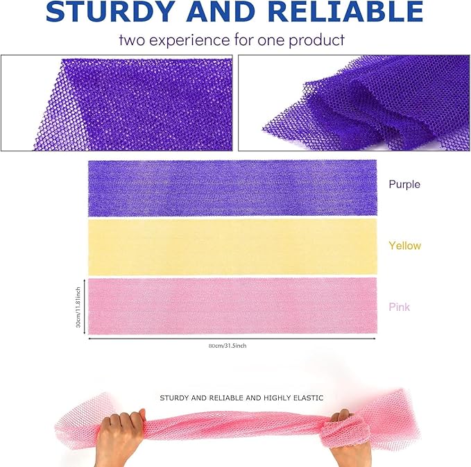 UJFQBH 3 Pieces African Bath Sponge African Net Long Net Bath Sponge Exfoliating Shower Body Scrubber Back Scrubber Skin Smoother,Great for Daily Use (Pink,Yellow,Purple)-Velvo Beauty