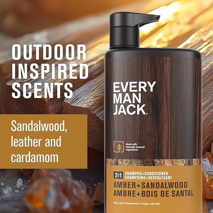 Every Man Jack 2-in-1 Daily Shampoo + Conditioner - Amber + Sandalwood | Nourishing For All Hair Types, Naturally Derived, Cruelty-Free Shampoo and Conditioner Set for Men | 24oz -1 Bottle-Velvo Beauty