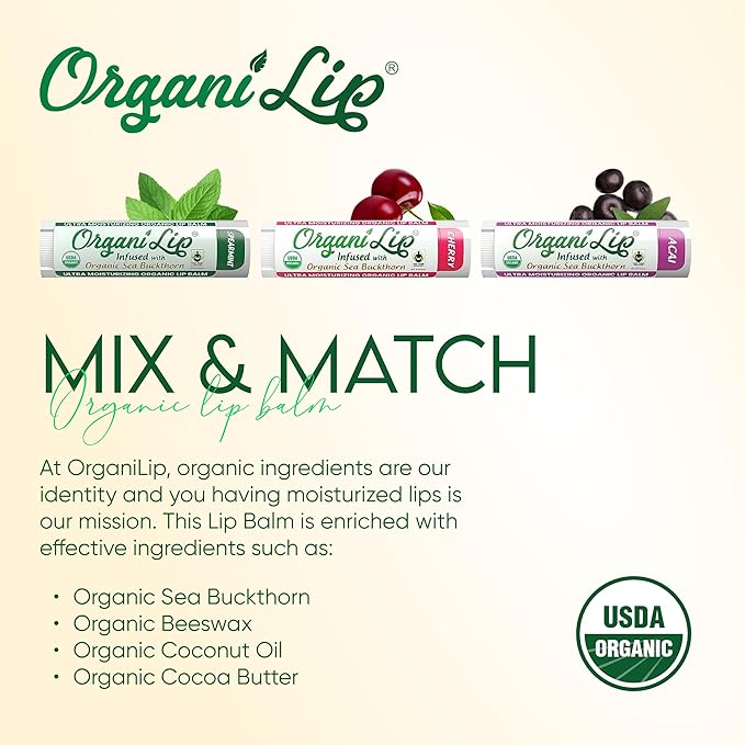 OrganiLip Organic Lip Balm, Variety3 Pack (Spearmint, Cherry, Acai), Ultra Hydrating Lip Moisturizer for Dry Lips, USDA Certified Organic,-Velvo Beauty