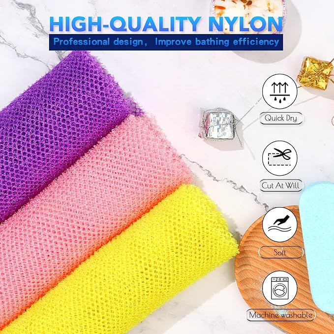 UJFQBH 3 Pieces African Bath Sponge African Net Long Net Bath Sponge Exfoliating Shower Body Scrubber Back Scrubber Skin Smoother,Great for Daily Use (Pink,Yellow,Purple)-Velvo Beauty