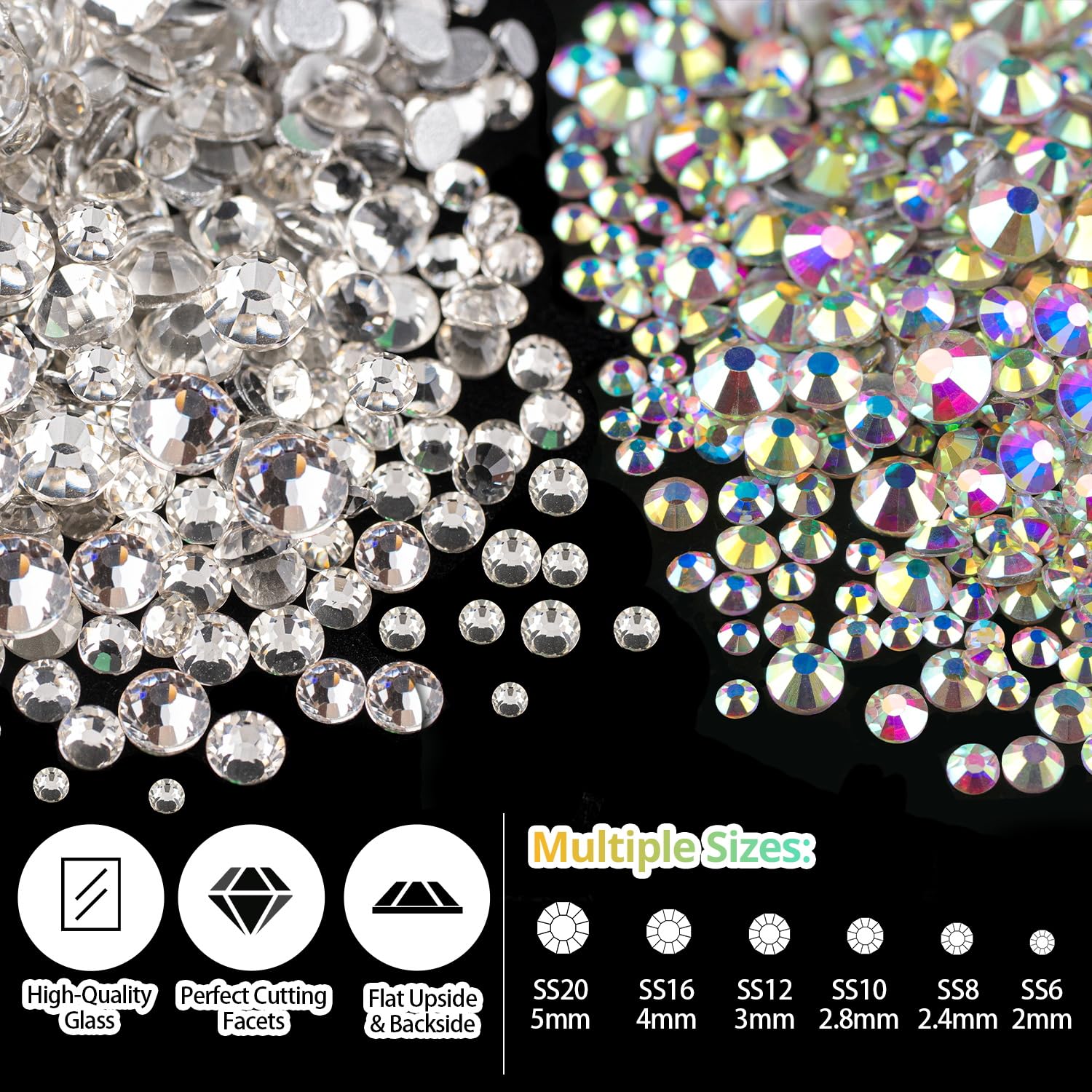 Rhinestones for Nails, Manicure Gem, Flat Back Glass Crystal AB & Transparent Clear + Mixed Color Iridescent Chameleon Gemstones, 2-5mm Round Gems for Nail Art Decor with Pickup & Dotting Tools-Velvo Beauty