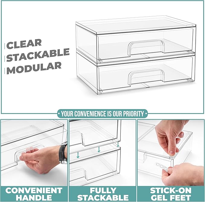 Sorbus Acrylic Storage Containers - 2 Pack, Stackable Storage Bins Set for Bathroom Organization - Clear Acrylic Drawer Organizers - Makeup Case Pull-Out Drawers (12.1’’ Wide)-Velvo Beauty