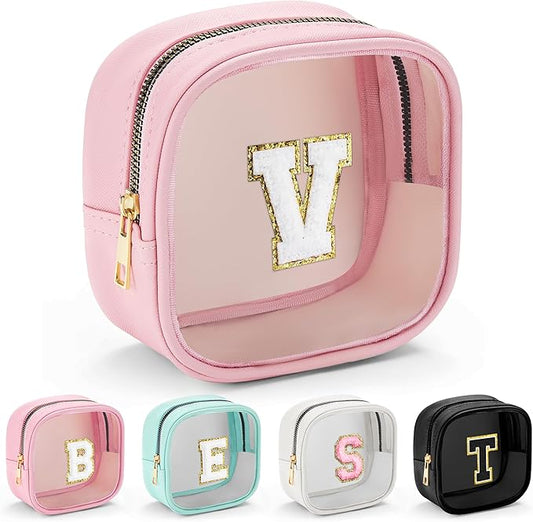 YOOLIFE Initial Make Up Bag Travel Toiletry Bag, Clear Makeup Bag Preppy Cosmetic Bags Organizer Travel Essentials Gifts for Women Teen Girlfriend Teacher Mom Birthday Mothers Day Gifts-Velvo Beauty