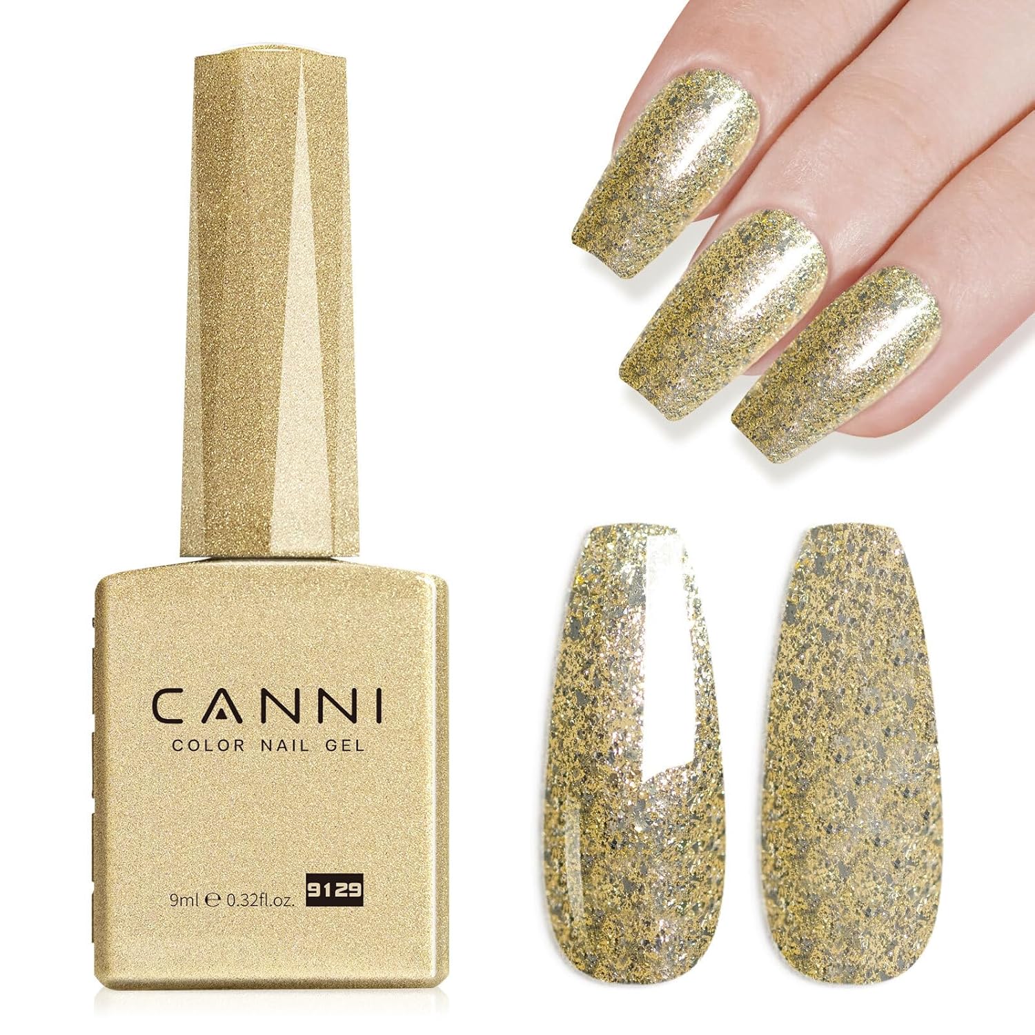 CANNI Gold Glitter Gel Polish – 9ML Chunky Sparkly Soak-Off UV/LED Nail Gel, Golden Flakes Finish for DIY Manicure, French Tips, or Salon Use-Velvo Beauty