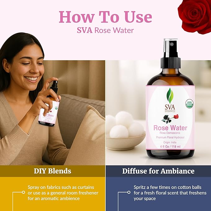 SVA ORGANICS Rose Water 4oz (118 ml) Refreshing Rose Water Spray for Skin Care, Skin Hydration, Bath, Soaps, Haircare & Aromatherapy-Velvo Beauty