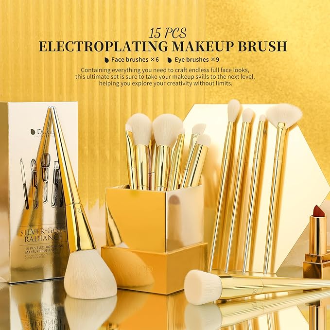DUcare Makeup Brushes 15Pcs Makeup Brush Set with Holder Premium Synthetic Powder Foundation Contour Blush Concealer Eye Shadow Blending Liner Make Up Brush Kit gold-silver-Velvo Beauty