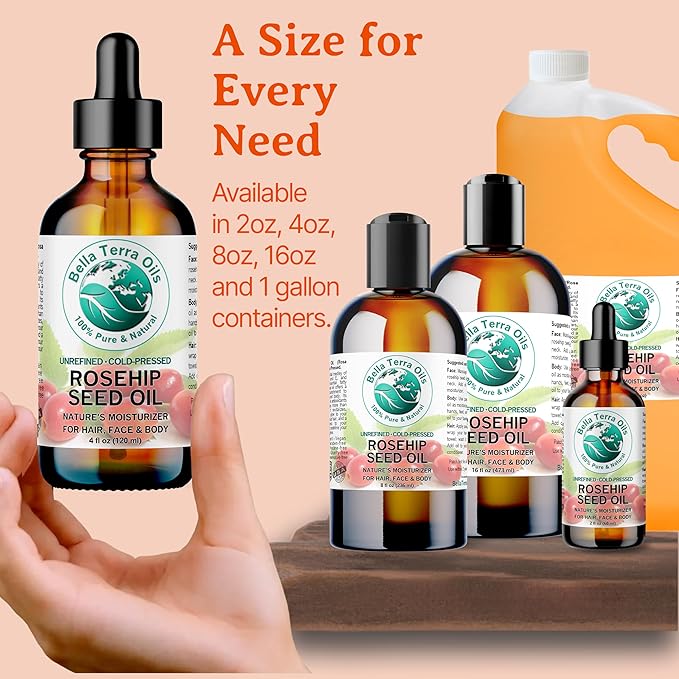 Bella Terra Oils - Organic Rosehip Oil 4 oz - Hailing from The Finest Rosa Mosqueta, Abundant in Omega-6 & Omega-3 Fatty Acids, Pure Radiance for Face-Velvo Beauty