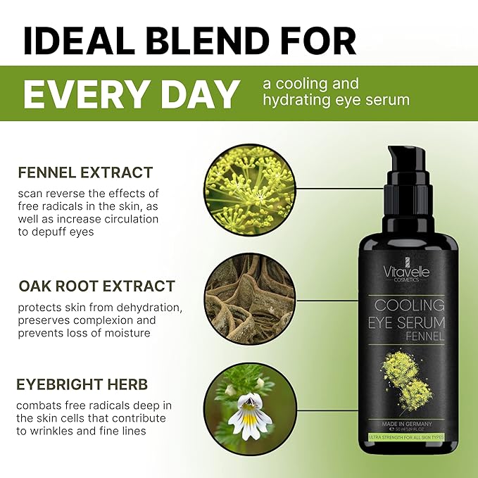 Eye Serum Under Eye Cream for Dark Circles and Puffiness – Cooling, Hydrating Under Eye Serum with Pure Fennel Extract – Eye Cream Anti Aging to Moisturize & Depuff – Zero Paraben Eye Gel by Vitavelle-Velvo Beauty