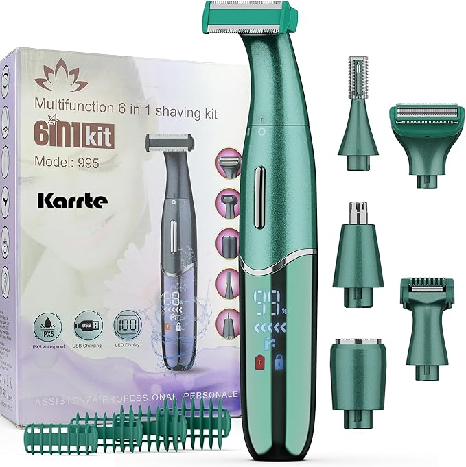 Karrte 6-in-1 Electric Razor for Women's Pubic Hair, Painless Body Shaver and Facial Epilator, Hair Removal for Face, Bikini Trimmer for Women's Private Area Green-Velvo Beauty