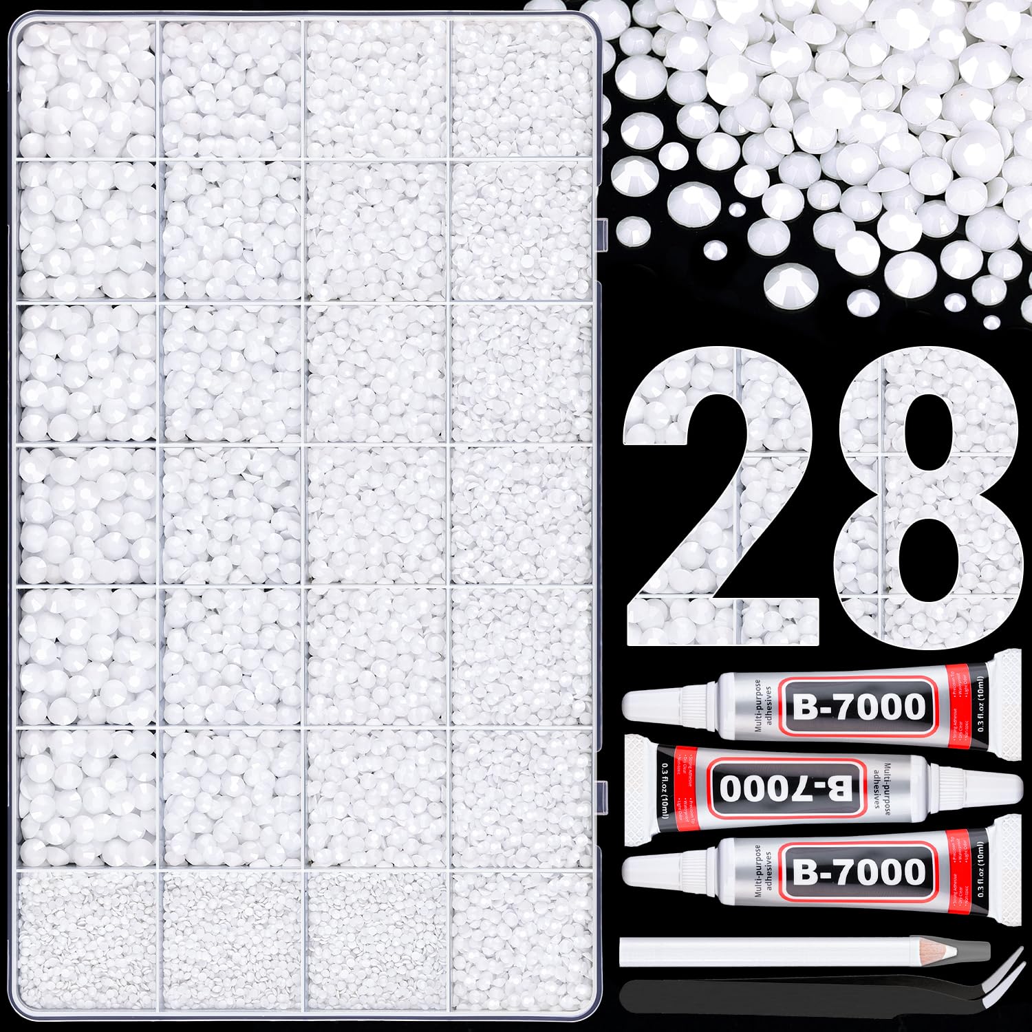 30000Pcs Resin Rhinestones for Bedazzling with 3Pcs B7000 Jewelry Glue, White Flatback Gems Rhinestones for Crafting, Clothing Tumblers Mugs Shoes Fabric Decor Nail Art-Velvo Beauty