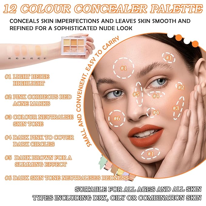 12 Colors Correcting Concealer Contour Makeup Palette, 6 in 1 Color Corrector Palette,Highlighting Concealer Palette Contouring Liquid Foundation Makeup Kit with Brushďź2PCSďź-Velvo Beauty
