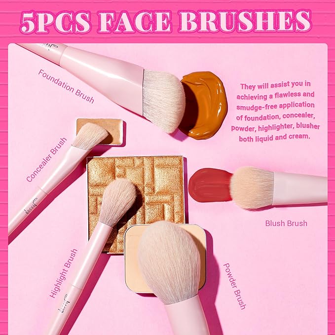 Jessup Pink Makeup Brushes Set 14Pcs Make up Brushes Premium Vegan Foundation Concealer Blush Eyeshadow Eyeliner Powder Highlighter Blending Face Brush Set with Gift Box, T495-G-Velvo Beauty