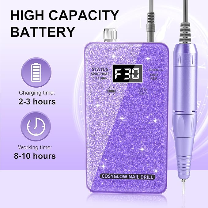 Professional Electric Nail Drill File:COSYGLOW Glitter Portable Cordless E-File Nail Drill Kit with 11 Drill Bits,30000 RPM Rechargeable Nail Drills Machine for Acrylic Nails Gel Polishing(Purple)-Velvo Beauty