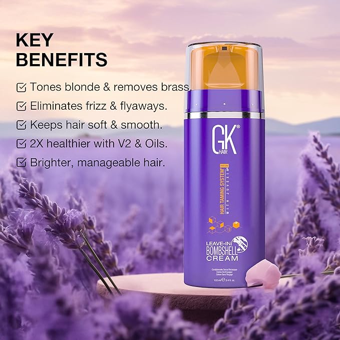 GK HAIR Global Keratin Leave In Bombshell Purple Cream (3.4 Fl Oz/100ml) Conditioning Smoothing Moisturizing Hydrating Frizz Control for Blonde Damaged Hair Removes Yellow Brassy Tones Flyaways-Velvo Beauty