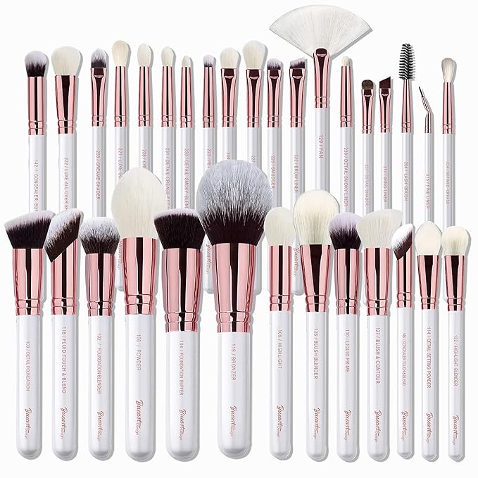 Pro makeup Artist Brushes Set 32Pcs Luxury Goat Hair Horse hair Makeup Brush Set eye and face brushes for every possibility By Bueart Design (Pearl White)-Velvo Beauty