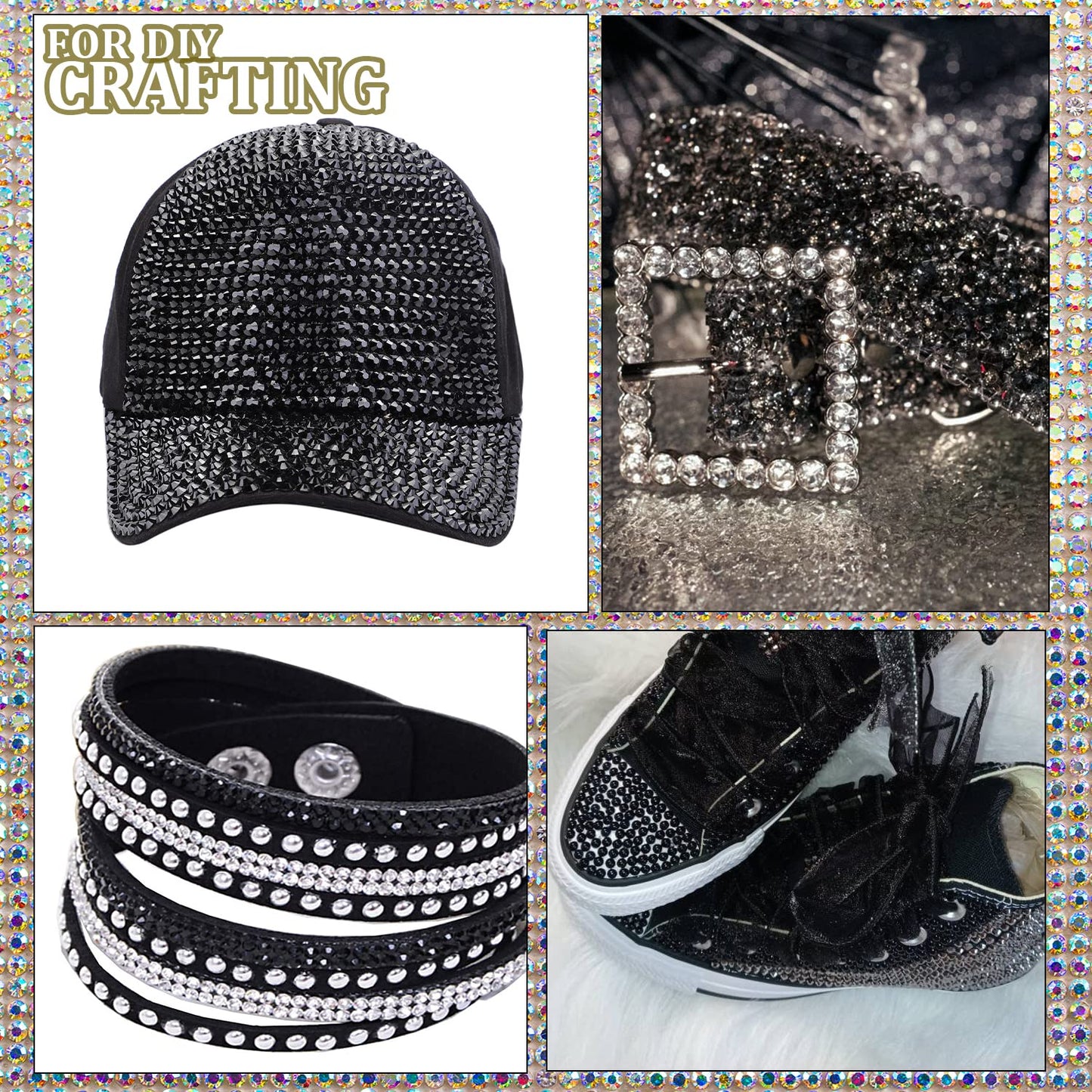 One Pack 2000 Pcs of Flatback Round Black Rhinestones 6 Sizes (1.5-6 mm) with Nail Art Rhinestone Picker Pencil and Tweezers for DIY and Salon Use-Velvo Beauty