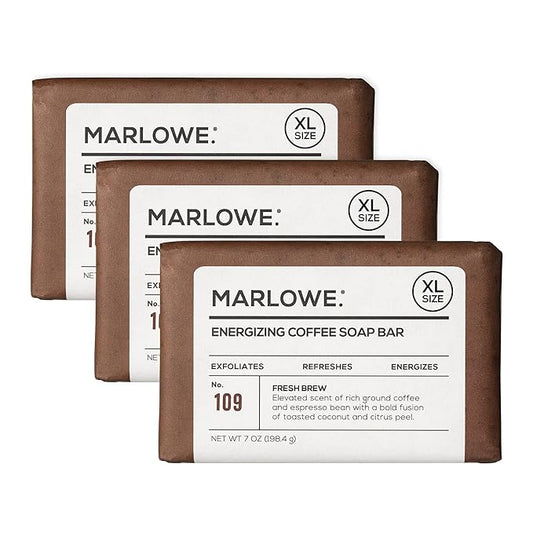 MARLOWE. No. 109 Coffee Bar Soap 7 oz (3 Bars), Body Scrub Soap for Men, Refreshing, Energizing & Exfoliating with Natural Extract, Caffeine, Coffee Bean & Cocoa Butter, Fresh Brewed Scent-Velvo Beauty