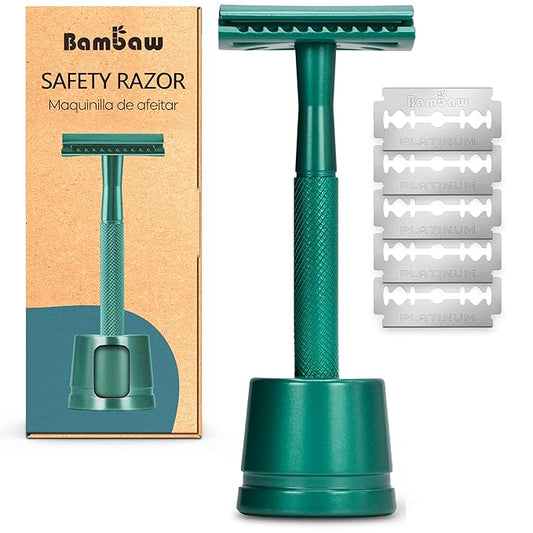 Bambaw Double Edge Close Comb Safety Razor with Stand, Shaving Razor for Men with 5 Safety Razor Blades, Reusable Eco Freindly DE Metal Razor – Sea Green-Velvo Beauty