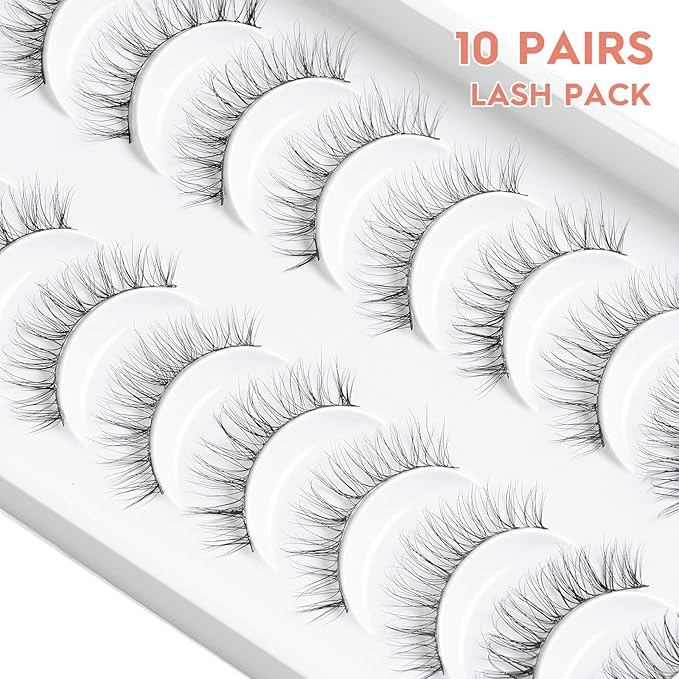 Natural Lashes Wispy False Eyelashes 10mm Short Lashes 3D Volume Strip Lashes Fake Eyelashes Siligli Lashes Thin Band Curly Eye Lashes Pack 10 pair-Velvo Beauty