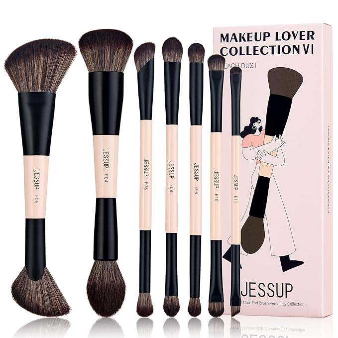 Jessup Makeup Brushes Set 7pcs Double Sided Makeup Brushes for Foundation Concealer Blush Eyeshadow Contour Bronzer Powder Blending Eyebrow Eyeliner, Cruelty-Free Make up Brushes Peach Dust T600-Velvo Beauty