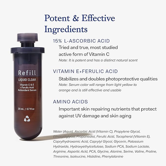 Vitamin C Serum Refill with Ferulic Acid and Vitamin E for Glowing Radiant Skin by Dear Brightly, Face Brightening, Facial Serum for Sensitive Skin, Refillable Glass Bottle, 0.7 fl oz-Velvo Beauty