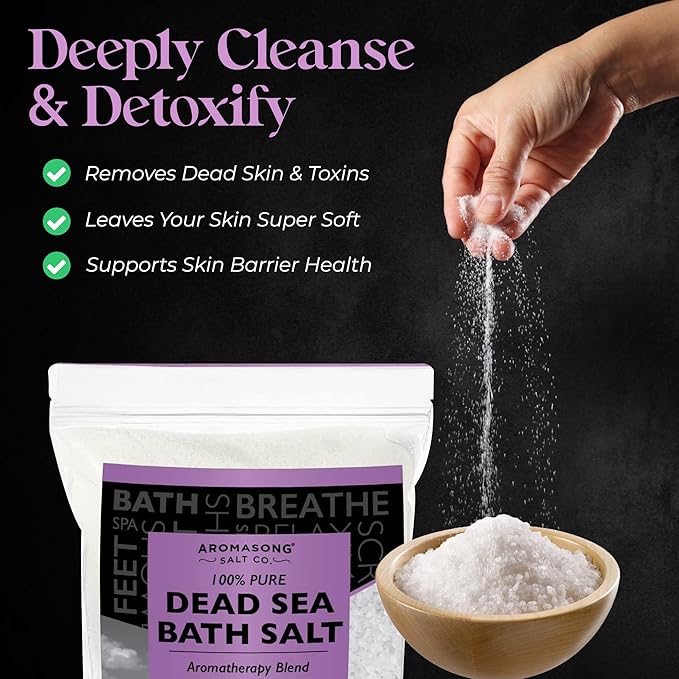 Aromasong Pure Dead Sea Salt for Soaking with 100% Natural Lavender, 2.43 LB - Spa Bath Salt Fine Grain - Body Wash Scrub - Soak for Women & Men- Bulk Resealable Pack-Velvo Beauty