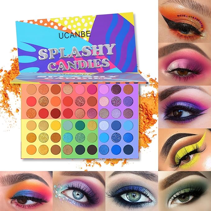 UCANBE 54 Colors Splashy Candies Eyeshadow Palette + 15pcs Makeup Brush Set, Highly Pigment Matte Metallic Shimmer Glitter Eye Shadow Bright Color Long Lasting Waterproof Easy Blending Make Up Pallet-Velvo Beauty